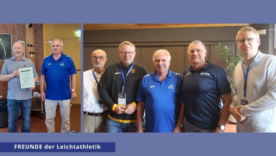 Highlights der Mitgliederversammlung: Alfred Maasz wird Ehrenmitglied (linkes Bild, 1.v.l.); Besuch von European Athletics Präsident Dobromir Karamarinov (rechtes Bild, 2.v.r.)